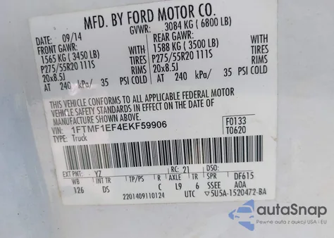 2014 Ford F150 Stx из США, поврежденный, VIN 1FTMF1EF4EKF59906